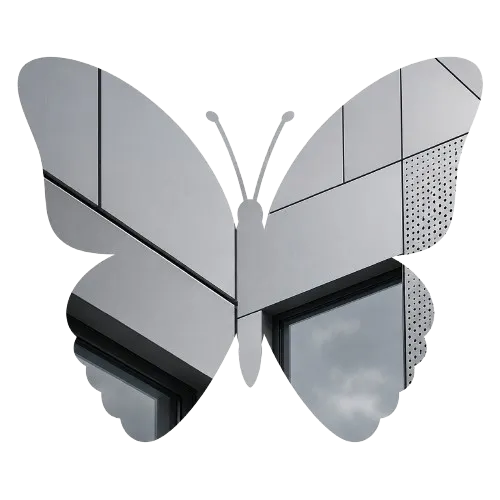 Butterfly silhouette filled with powder-coated architectural facades