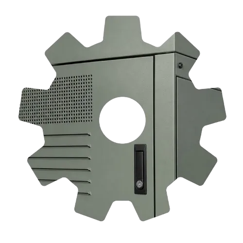 Powder-coated industrial cabinet shaped like a gear
