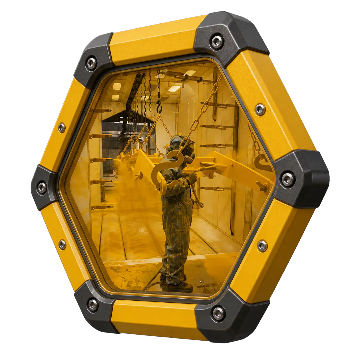 Heavy machinery powder-spraying scene inside an industrial shield