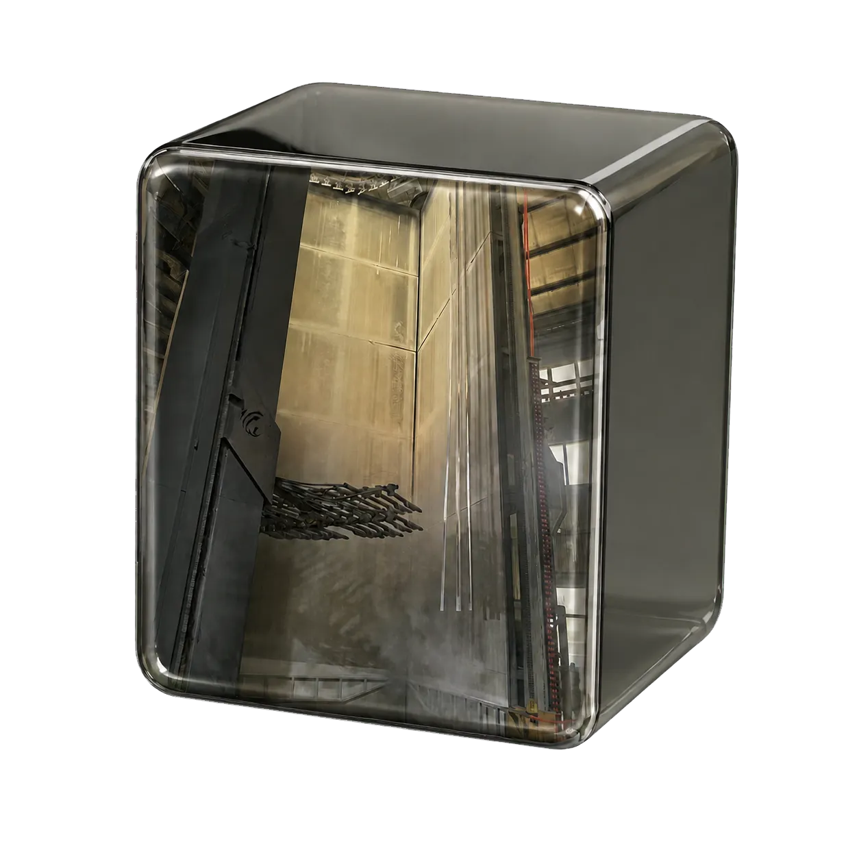 Powder coating spray line inside a smoked chrome cube