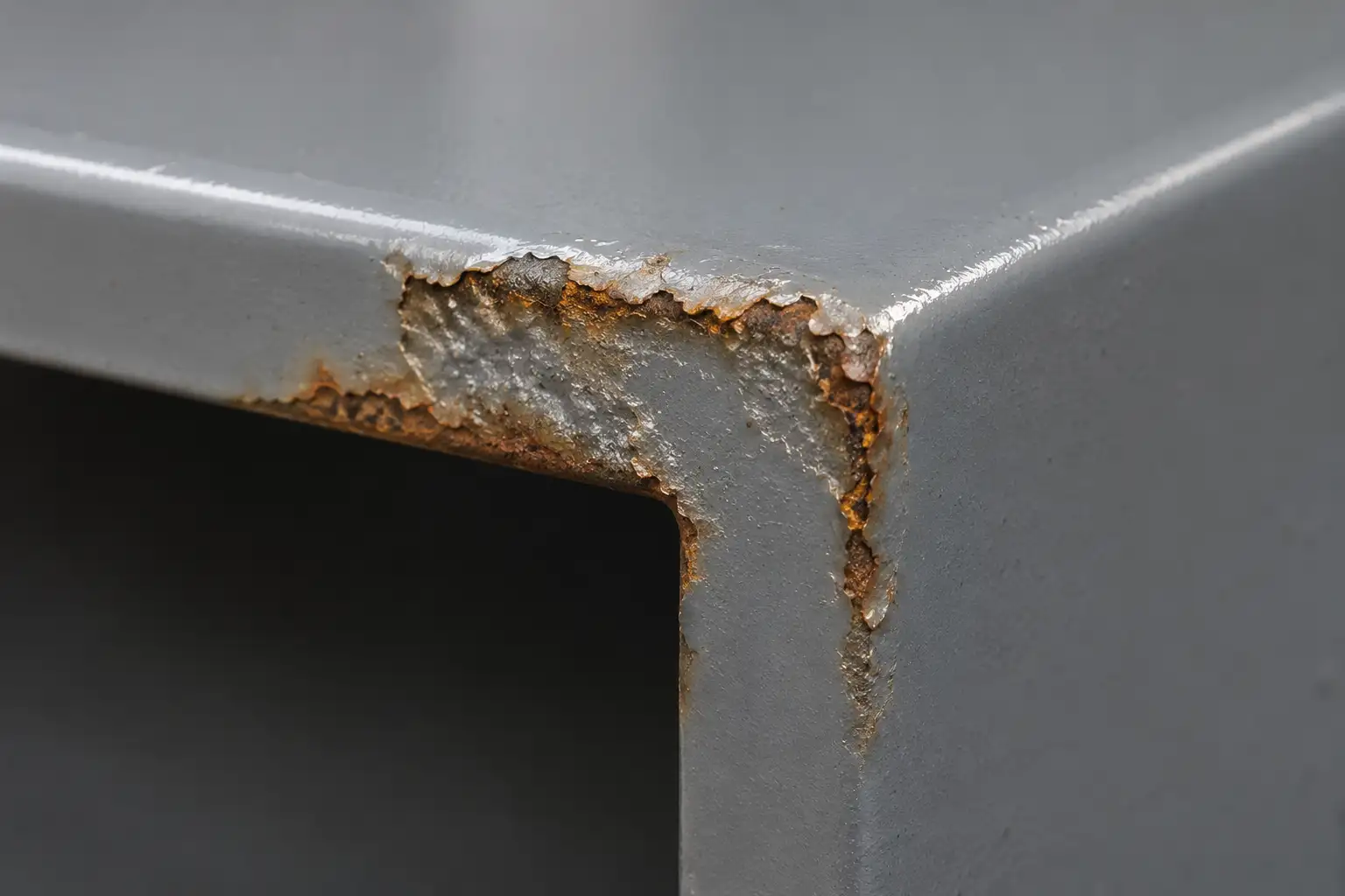 Corrosion at Corners and Sharp Edges: Low film build at sharp edges requires better edge deposition and a complete primer/topcoat system.