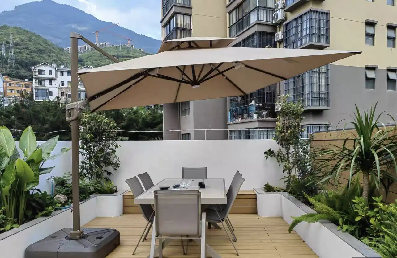 Patio umbrella and outdoor dining furniture