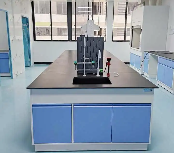 Blue-and-white laboratory island bench